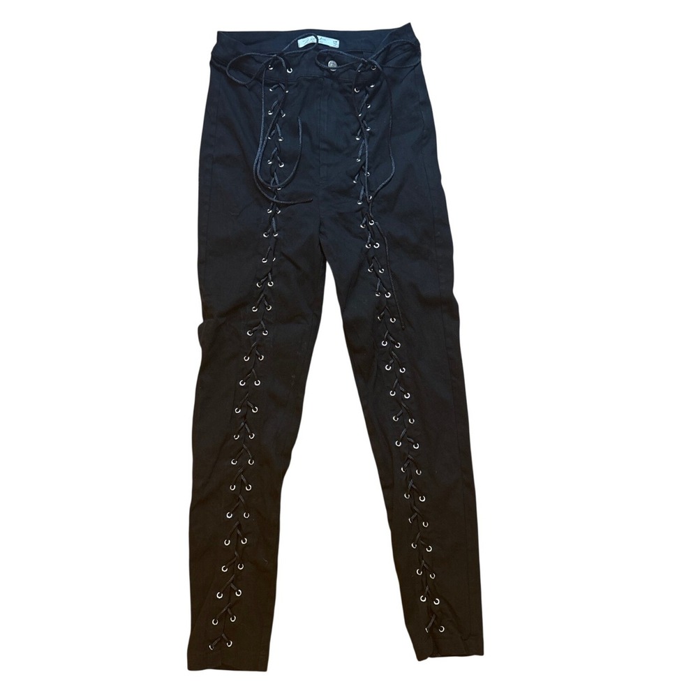 Fashion Wildcat Lace Up Front Skinny Pants Womens Black Excellent Edgy SIZE M